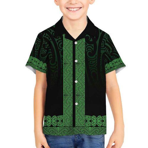 New Zealand Maori Kowhaiwhai Family Matching Off Shoulder Short Dress and Hawaiian Shirt Kakariki Maui and Mangopare