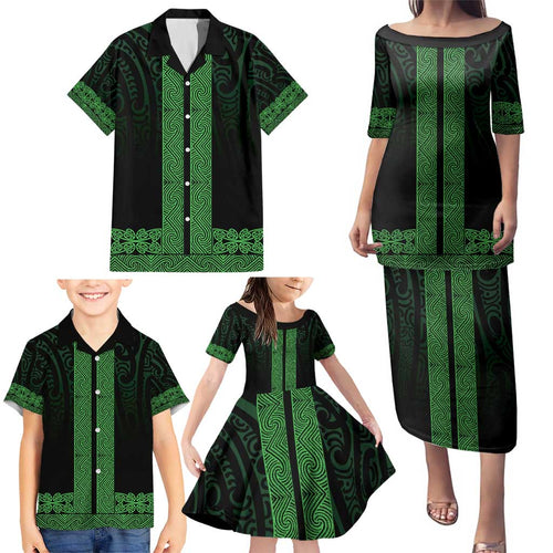 New Zealand Maori Kowhaiwhai Family Matching Puletasi and Hawaiian Shirt Kakariki Maui and Mangopare