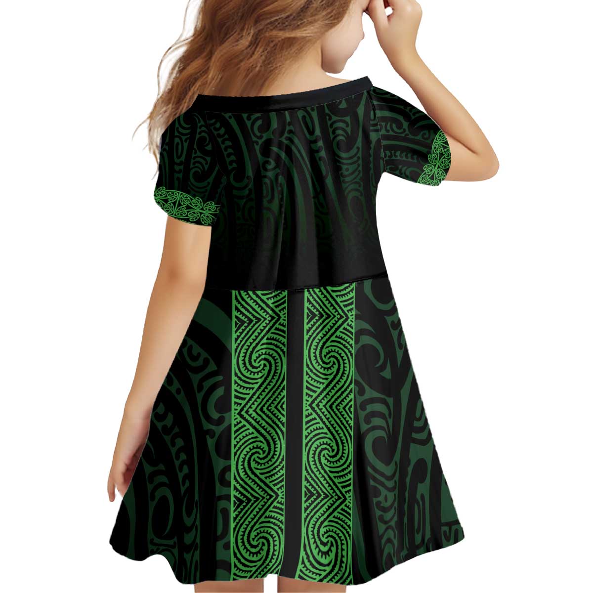 New Zealand Maori Kowhaiwhai Kid Short Sleeve Dress Kakariki Maui and Mangopare