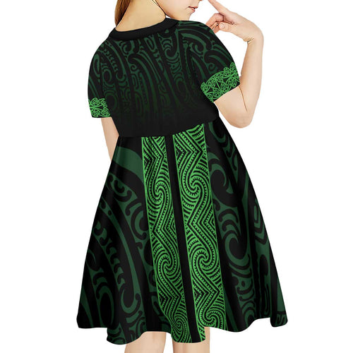 New Zealand Maori Kowhaiwhai Kid Short Sleeve Dress Kakariki Maui and Mangopare