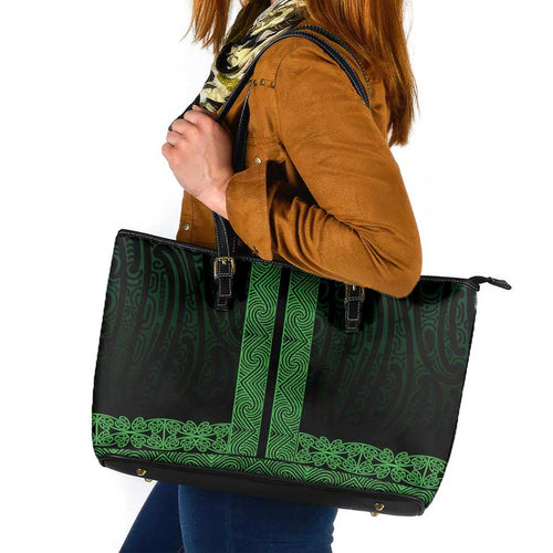 New Zealand Maori Kowhaiwhai Leather Tote Bag Kakariki Maui and Mangopare