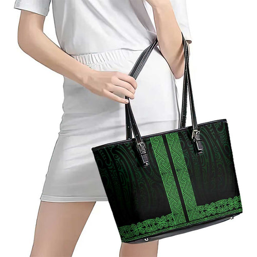 New Zealand Maori Kowhaiwhai Leather Tote Bag Kakariki Maui and Mangopare