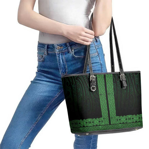 New Zealand Maori Kowhaiwhai Leather Tote Bag Kakariki Maui and Mangopare
