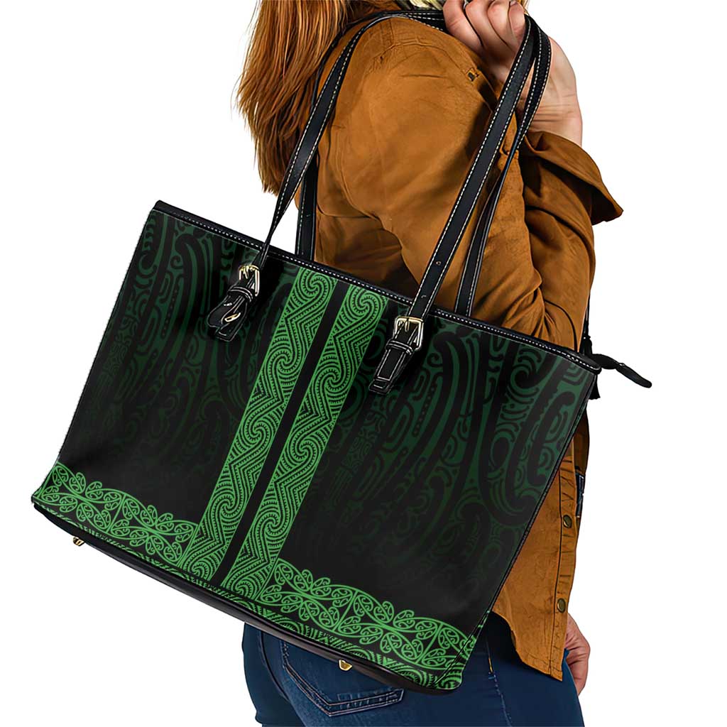 New Zealand Maori Kowhaiwhai Leather Tote Bag Kakariki Maui and Mangopare