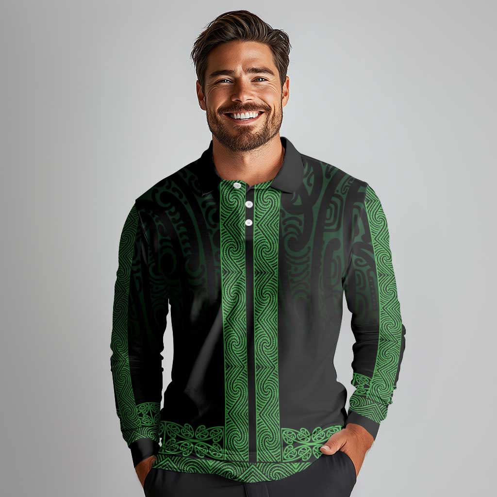 New Zealand Maori Kowhaiwhai Long Sleeve Polo Shirt Kakariki Maui and Mangopare