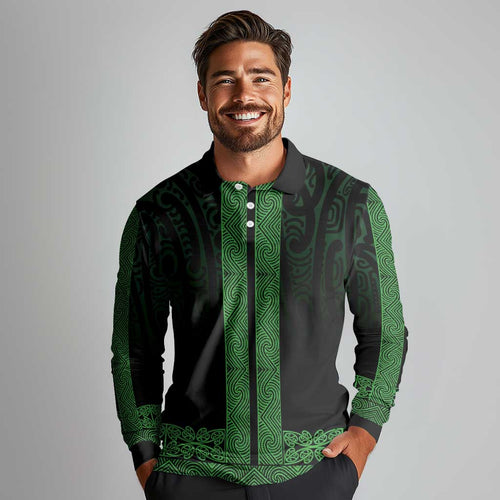 New Zealand Maori Kowhaiwhai Long Sleeve Polo Shirt Kakariki Maui and Mangopare