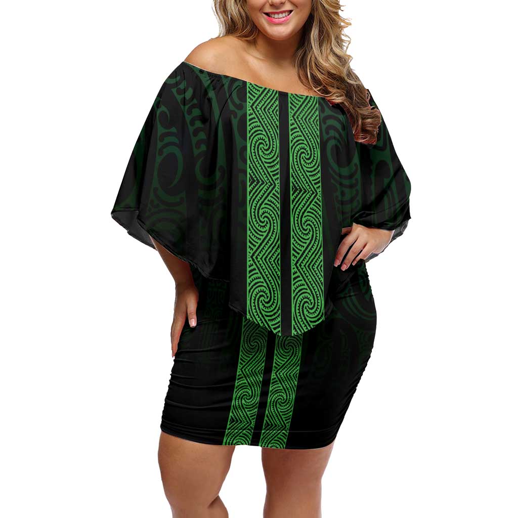 New Zealand Maori Kowhaiwhai Off Shoulder Short Dress Kakariki Maui and Mangopare