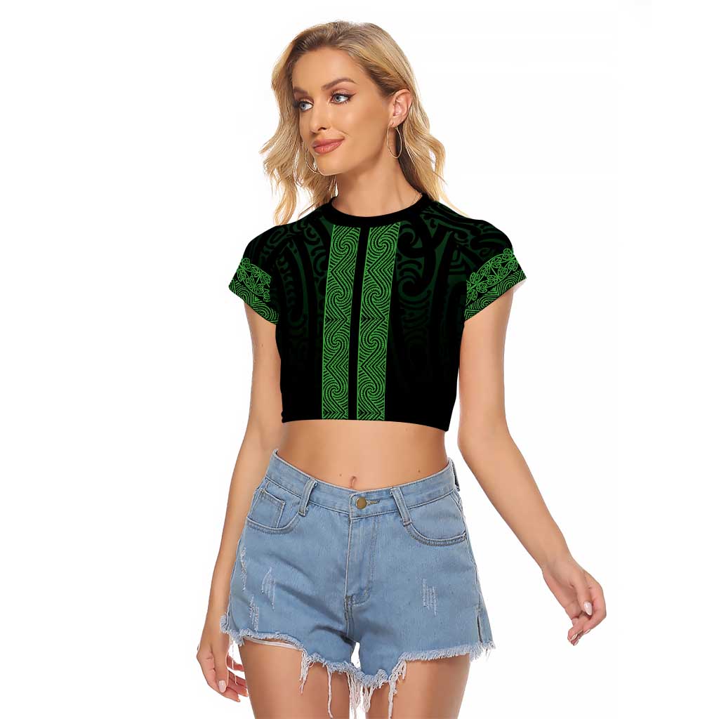 New Zealand Maori Kowhaiwhai Raglan Cropped T Shirt Kakariki Maui and Mangopare