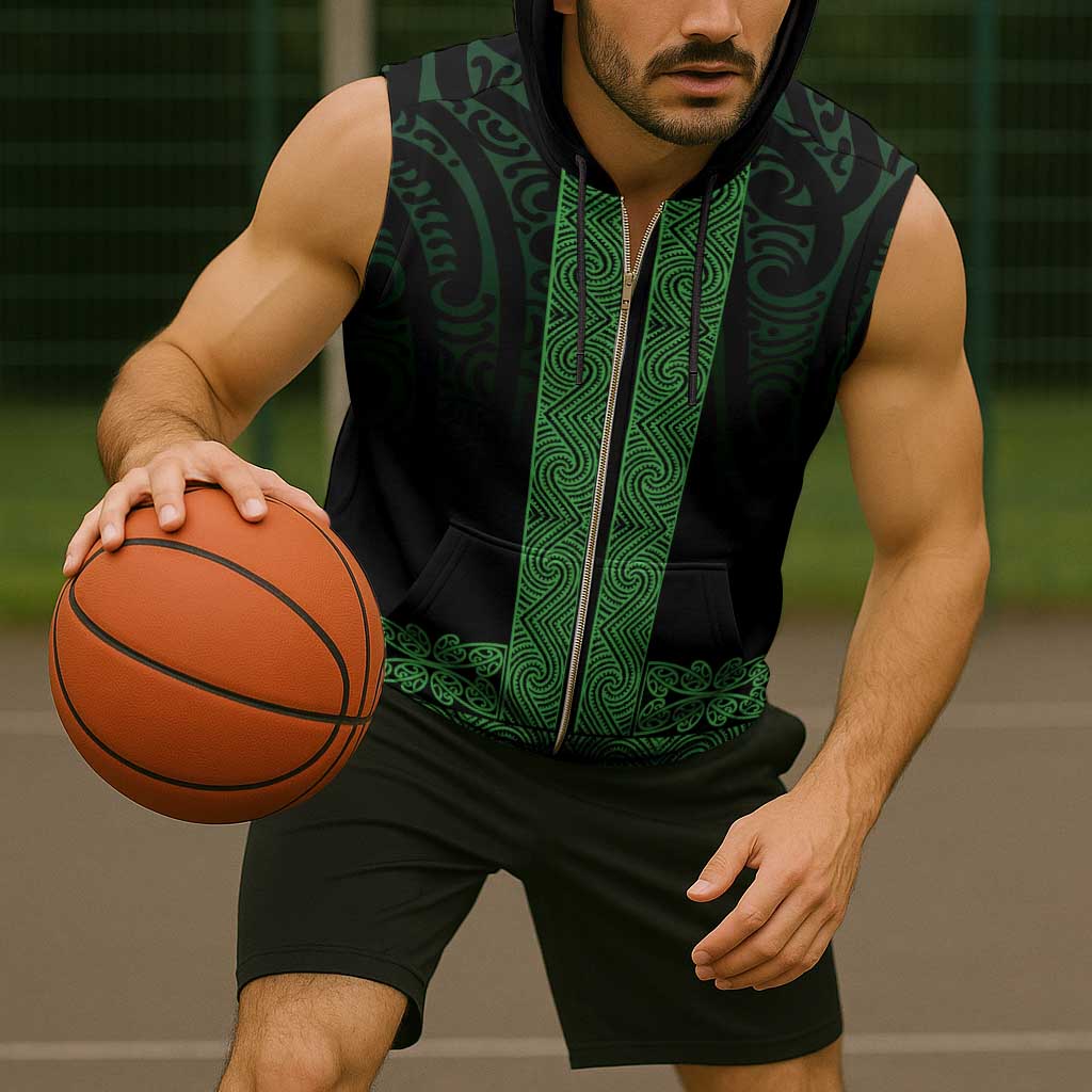 New Zealand Maori Kowhaiwhai Sleeveless Zip Hoodie Kakariki Maui and Mangopare - Aussie Hoodie