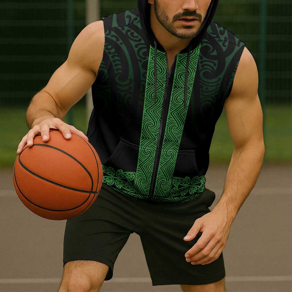 New Zealand Maori Kowhaiwhai Sleeveless Zip Hoodie Kakariki Maui and Mangopare LT9