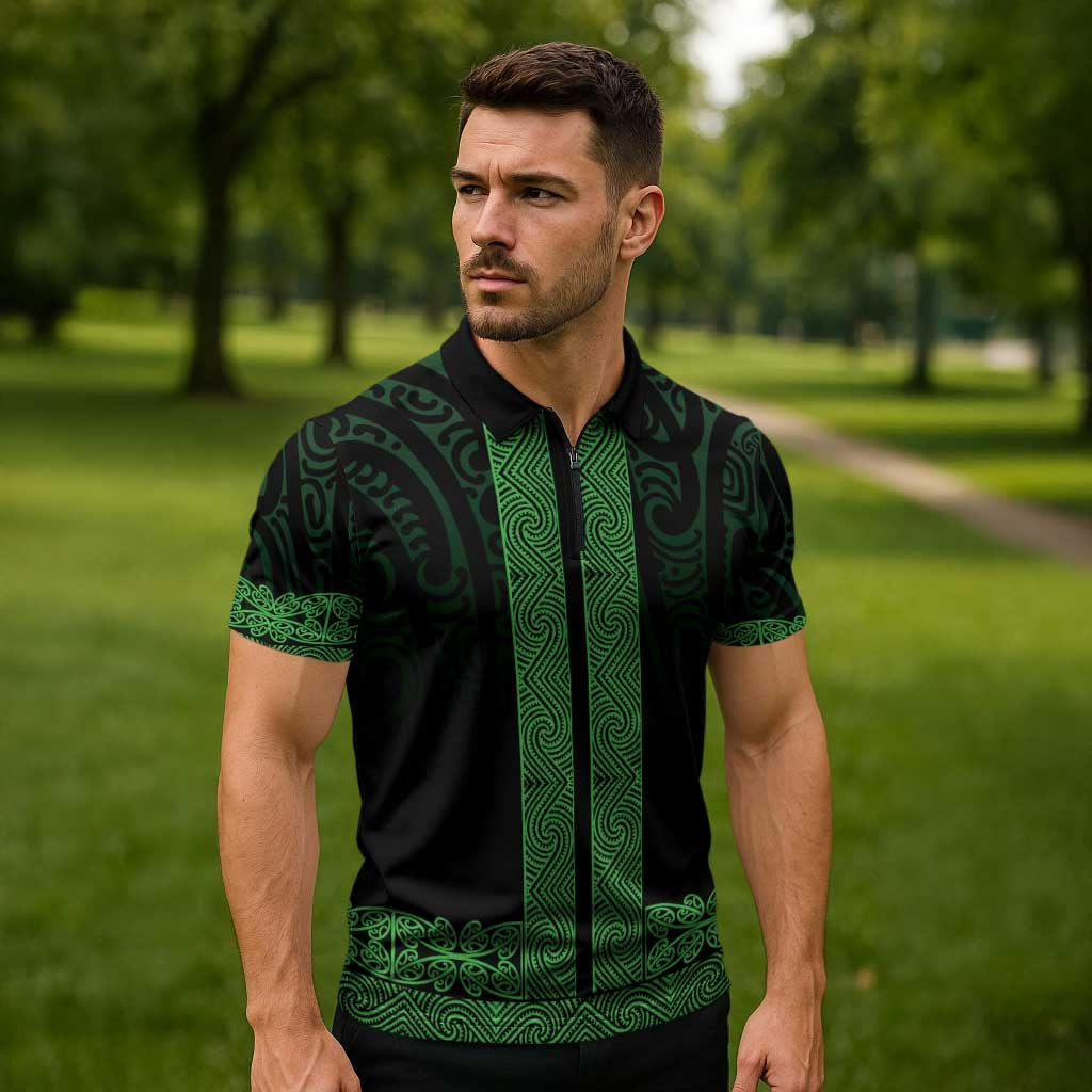 New Zealand Maori Kowhaiwhai Zipper Polo Shirt Kakariki Maui and Mangopare - Aussie Hoodie