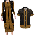 New Zealand Maori Kowhaiwhai Couples Matching Long Sleeve Bodycon Dress and Hawaiian Shirt Karaka Maui and Mangopare