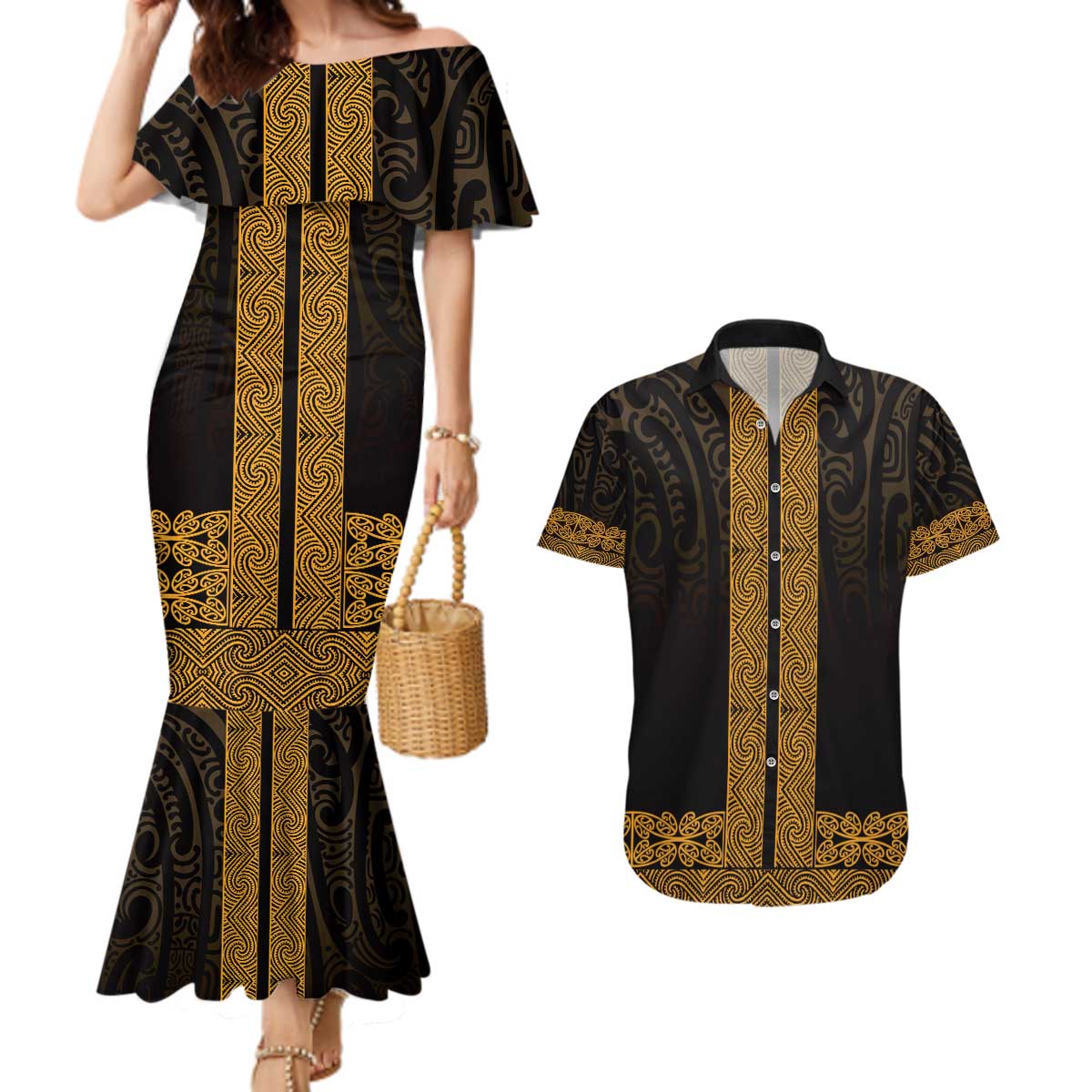 New Zealand Maori Kowhaiwhai Couples Matching Mermaid Dress and Hawaiian Shirt Karaka Maui and Mangopare