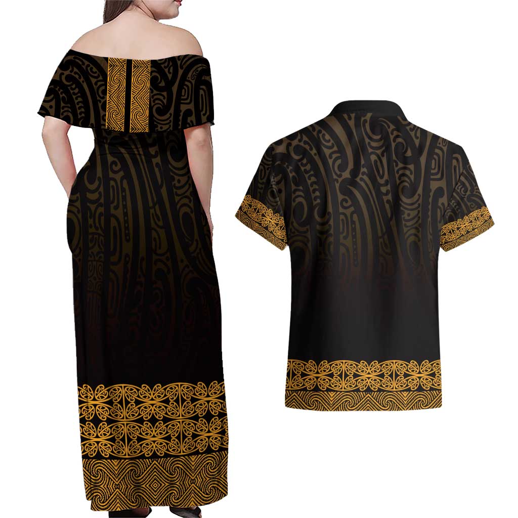 New Zealand Maori Kowhaiwhai Couples Matching Off Shoulder Maxi Dress and Hawaiian Shirt Karaka Maui and Mangopare