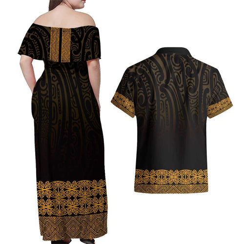 New Zealand Maori Kowhaiwhai Couples Matching Off Shoulder Maxi Dress and Hawaiian Shirt Karaka Maui and Mangopare