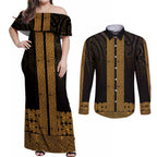 New Zealand Maori Kowhaiwhai Couples Matching Off Shoulder Maxi Dress and Long Sleeve Button Shirt Karaka Maui and Mangopare