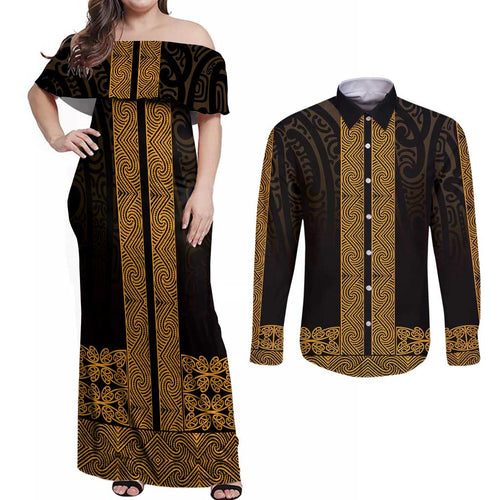 New Zealand Maori Kowhaiwhai Couples Matching Off Shoulder Maxi Dress and Long Sleeve Button Shirt Karaka Maui and Mangopare