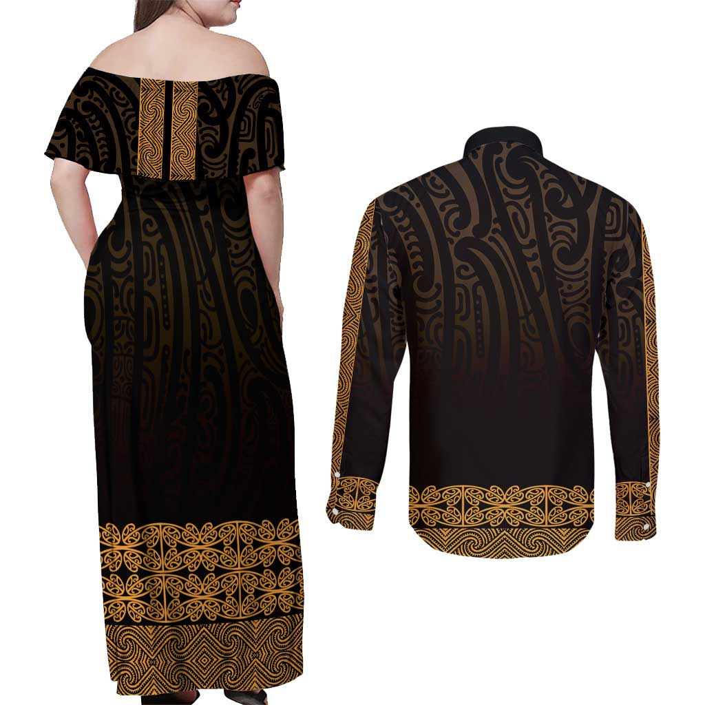 New Zealand Maori Kowhaiwhai Couples Matching Off Shoulder Maxi Dress and Long Sleeve Button Shirt Karaka Maui and Mangopare