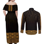New Zealand Maori Kowhaiwhai Couples Matching Off Shoulder Maxi Dress and Long Sleeve Button Shirt Karaka Maui and Mangopare
