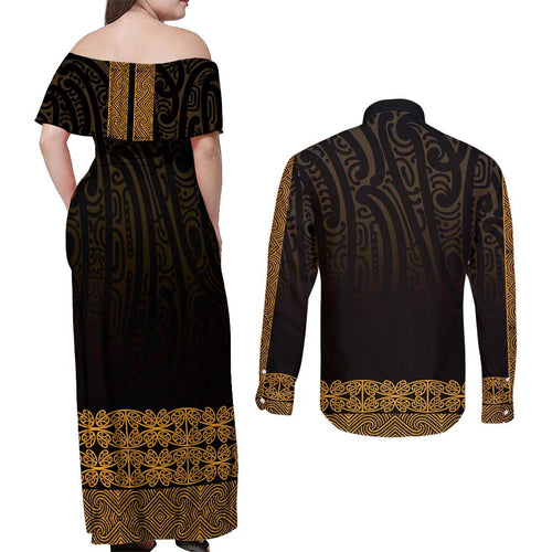 New Zealand Maori Kowhaiwhai Couples Matching Off Shoulder Maxi Dress and Long Sleeve Button Shirt Karaka Maui and Mangopare