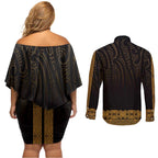 New Zealand Maori Kowhaiwhai Couples Matching Off Shoulder Short Dress and Long Sleeve Button Shirt Karaka Maui and Mangopare