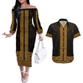 New Zealand Maori Kowhaiwhai Couples Matching Off The Shoulder Long Sleeve Dress and Hawaiian Shirt Karaka Maui and Mangopare