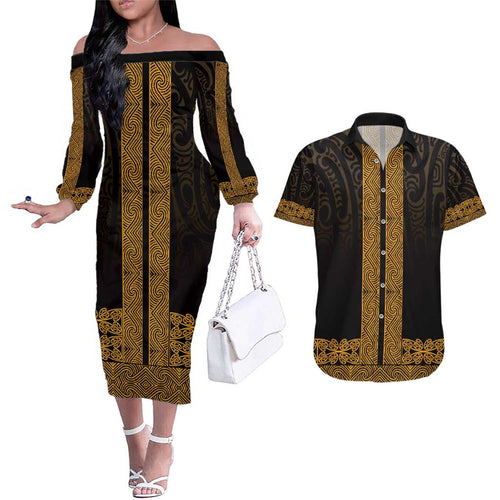 New Zealand Maori Kowhaiwhai Couples Matching Off The Shoulder Long Sleeve Dress and Hawaiian Shirt Karaka Maui and Mangopare
