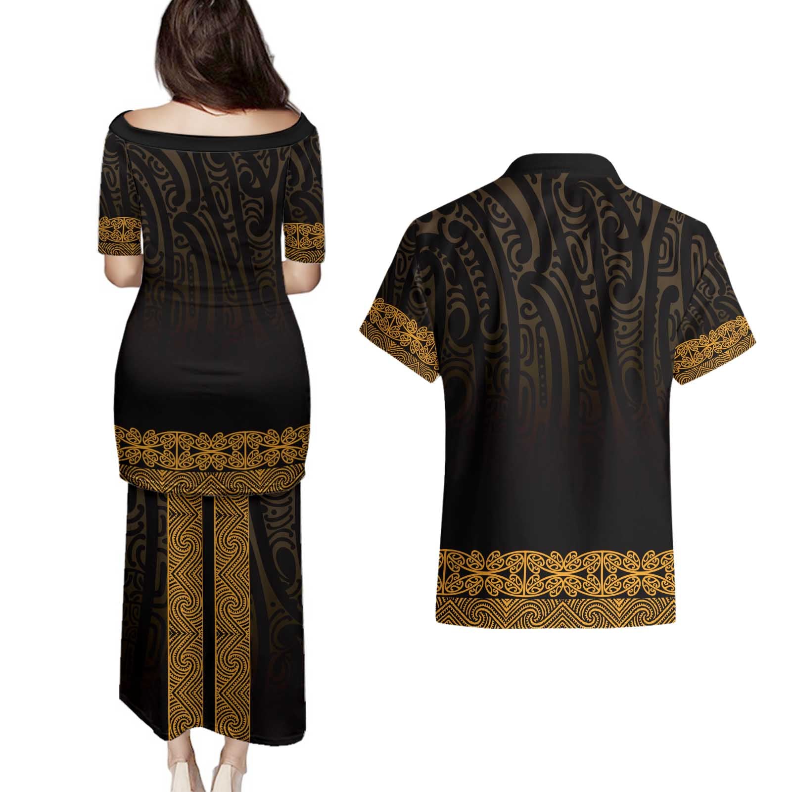 New Zealand Maori Kowhaiwhai Couples Matching Puletasi and Hawaiian Shirt Karaka Maui and Mangopare