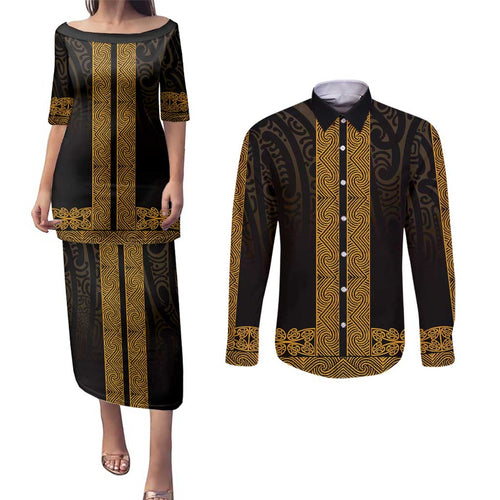 New Zealand Maori Kowhaiwhai Couples Matching Puletasi and Long Sleeve Button Shirt Karaka Maui and Mangopare