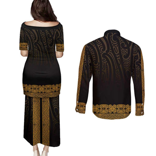 New Zealand Maori Kowhaiwhai Couples Matching Puletasi and Long Sleeve Button Shirt Karaka Maui and Mangopare