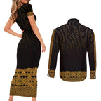 New Zealand Maori Kowhaiwhai Couples Matching Short Sleeve Bodycon Dress and Long Sleeve Button Shirt Karaka Maui and Mangopare