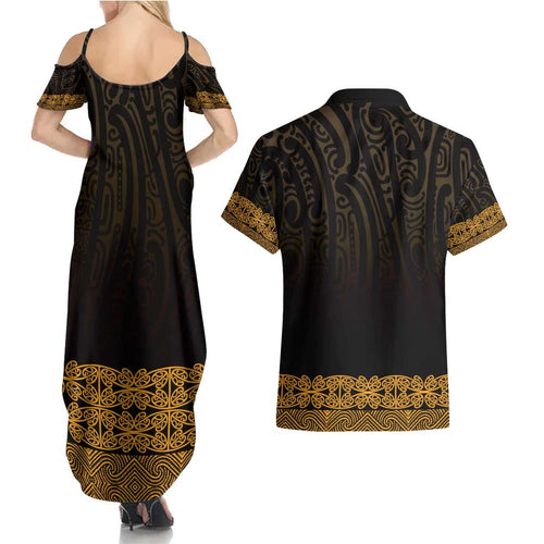 New Zealand Maori Kowhaiwhai Couples Matching Summer Maxi Dress and Hawaiian Shirt Karaka Maui and Mangopare