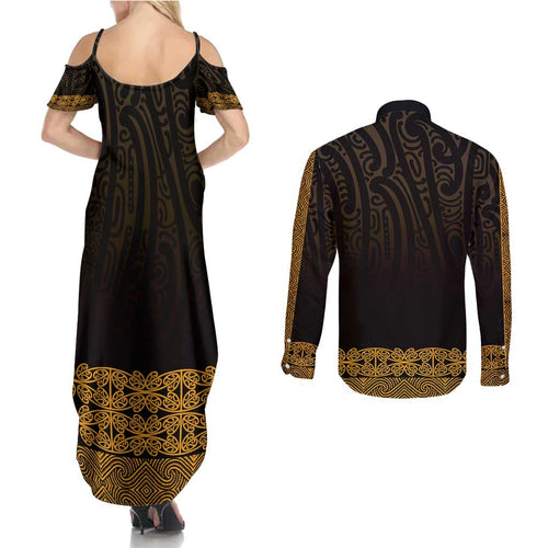 New Zealand Maori Kowhaiwhai Couples Matching Summer Maxi Dress and Long Sleeve Button Shirt Karaka Maui and Mangopare