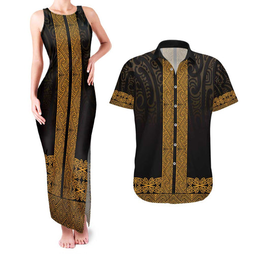 New Zealand Maori Kowhaiwhai Couples Matching Tank Maxi Dress and Hawaiian Shirt Karaka Maui and Mangopare
