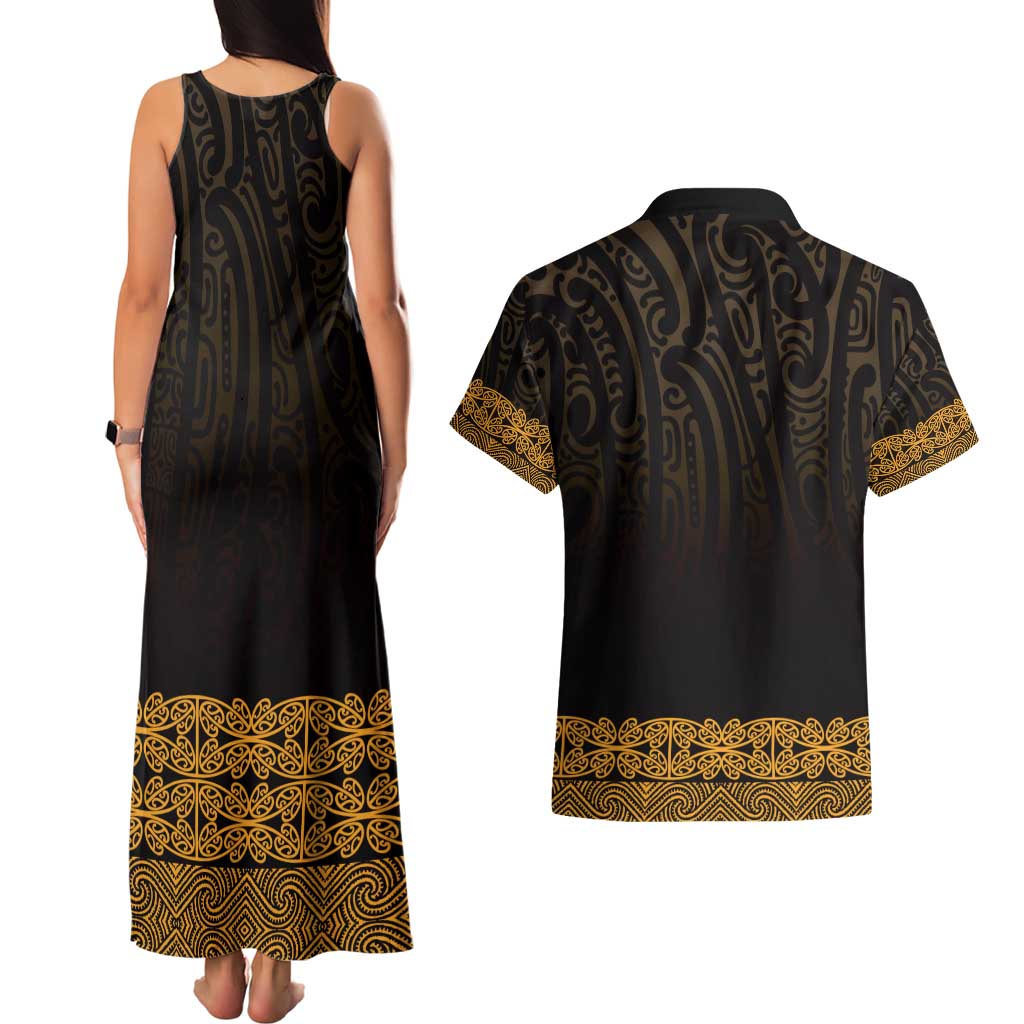 New Zealand Maori Kowhaiwhai Couples Matching Tank Maxi Dress and Hawaiian Shirt Karaka Maui and Mangopare