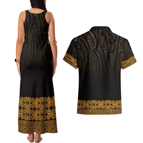 New Zealand Maori Kowhaiwhai Couples Matching Tank Maxi Dress and Hawaiian Shirt Karaka Maui and Mangopare