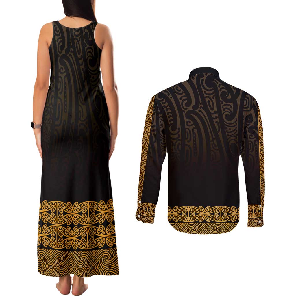 New Zealand Maori Kowhaiwhai Couples Matching Tank Maxi Dress and Long Sleeve Button Shirt Karaka Maui and Mangopare