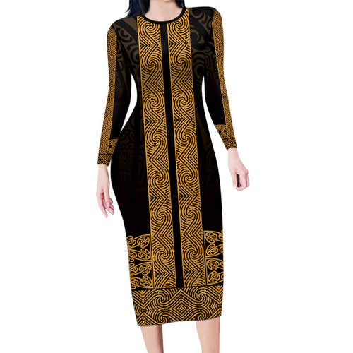 New Zealand Maori Kowhaiwhai Family Matching Long Sleeve Bodycon Dress and Hawaiian Shirt Karaka Maui and Mangopare