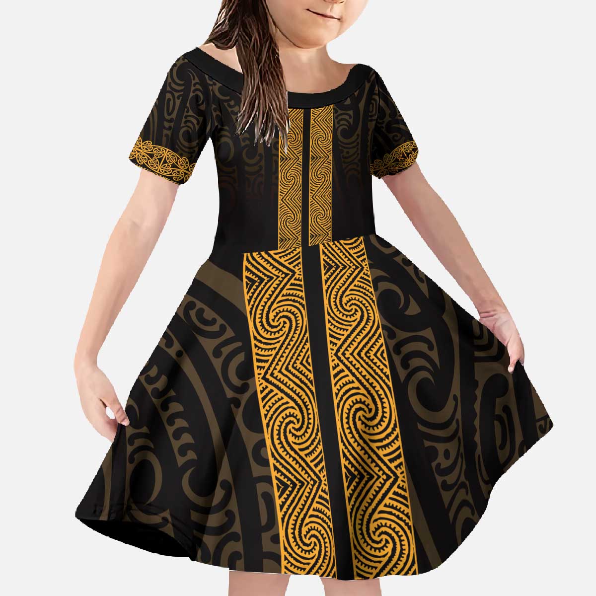 New Zealand Maori Kowhaiwhai Family Matching Off The Shoulder Long Sleeve Dress and Hawaiian Shirt Karaka Maui and Mangopare