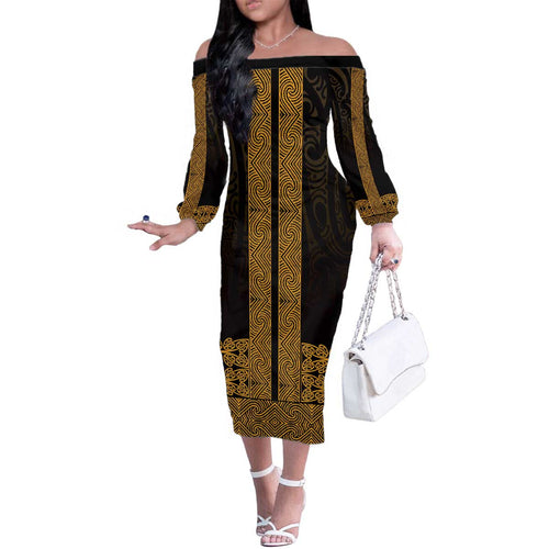 New Zealand Maori Kowhaiwhai Family Matching Off The Shoulder Long Sleeve Dress and Hawaiian Shirt Karaka Maui and Mangopare