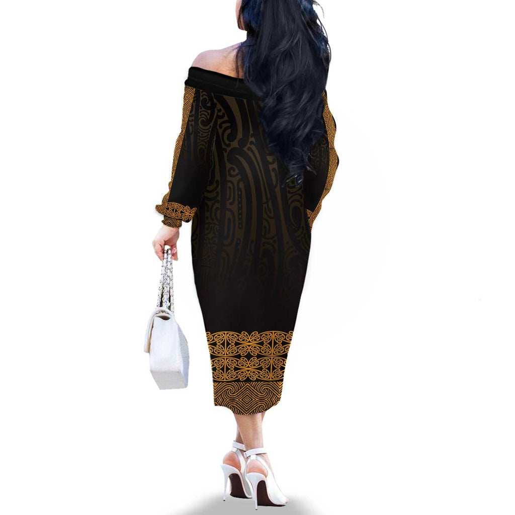 New Zealand Maori Kowhaiwhai Family Matching Off The Shoulder Long Sleeve Dress and Hawaiian Shirt Karaka Maui and Mangopare