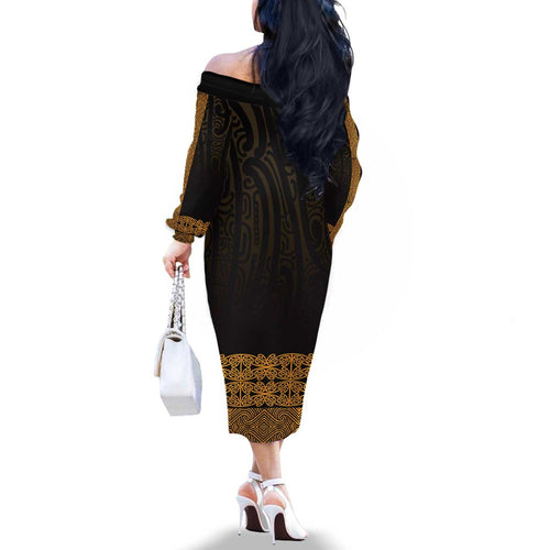 New Zealand Maori Kowhaiwhai Family Matching Off The Shoulder Long Sleeve Dress and Hawaiian Shirt Karaka Maui and Mangopare