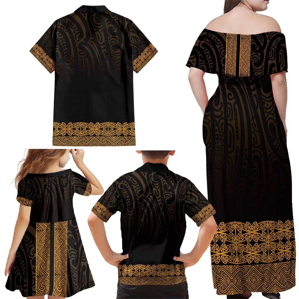 New Zealand Maori Kowhaiwhai Family Matching Off Shoulder Maxi Dress and Hawaiian Shirt Karaka Maui and Mangopare