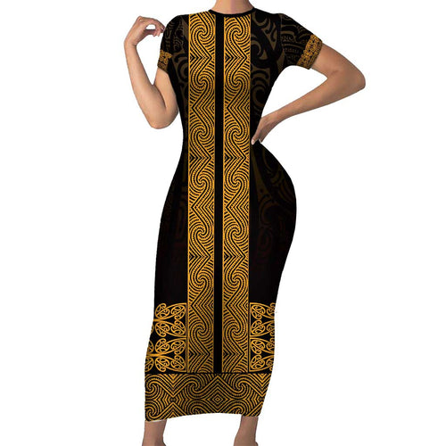New Zealand Maori Kowhaiwhai Family Matching Short Sleeve Bodycon Dress and Hawaiian Shirt Karaka Maui and Mangopare