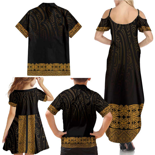 New Zealand Maori Kowhaiwhai Family Matching Summer Maxi Dress and Hawaiian Shirt Karaka Maui and Mangopare