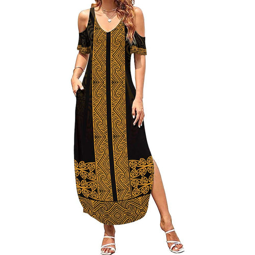 New Zealand Maori Kowhaiwhai Family Matching Summer Maxi Dress and Hawaiian Shirt Karaka Maui and Mangopare