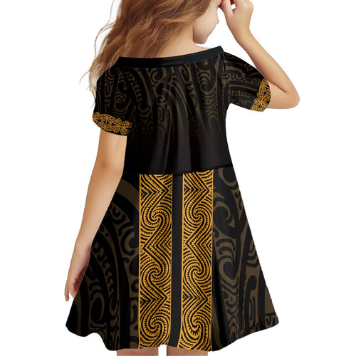 New Zealand Maori Kowhaiwhai Kid Short Sleeve Dress Karaka Maui and Mangopare