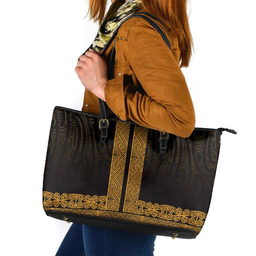 New Zealand Maori Kowhaiwhai Leather Tote Bag Karaka Maui and Mangopare