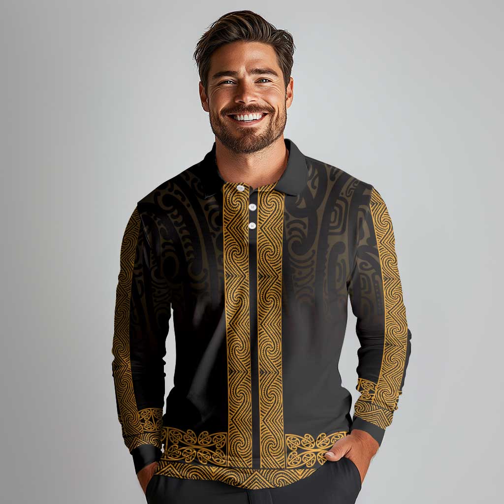 New Zealand Maori Kowhaiwhai Long Sleeve Polo Shirt Karaka Maui and Mangopare