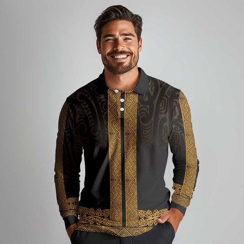 New Zealand Maori Kowhaiwhai Long Sleeve Polo Shirt Karaka Maui and Mangopare